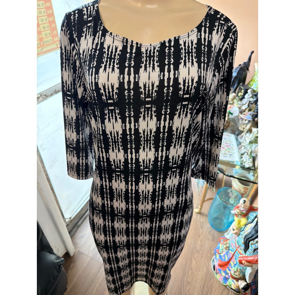 Black and White Abstract Geometric Print Bodycon Dress 3/4 Sleeve Scoop Neck